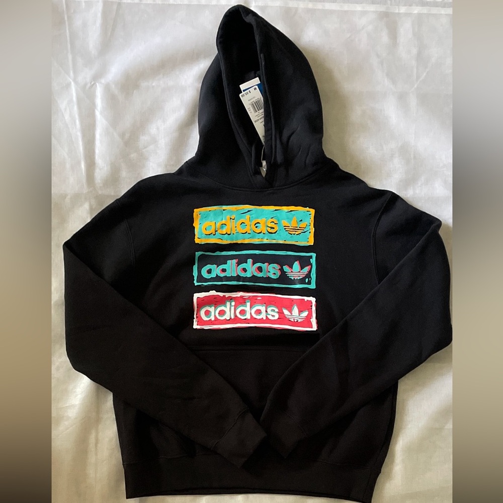 NWT Adidas Mens Black Hoodie with Multicolor Logo Medium